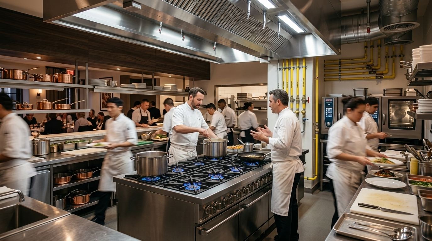 Busy commercial kitchen cooking on gas burners with yellow gas pipework