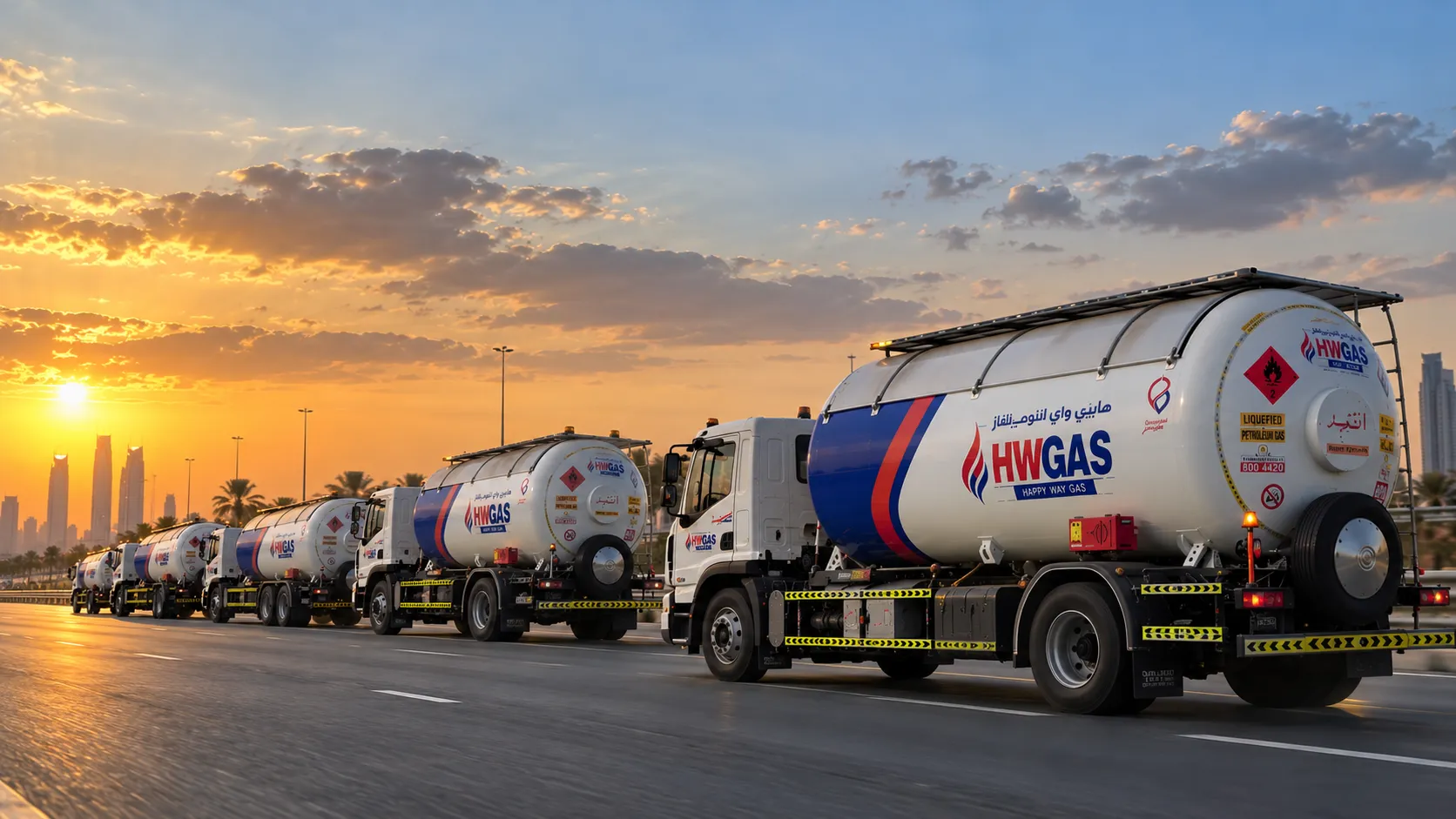 Fleet of bulk LPG tankers driving on the highway at sunset