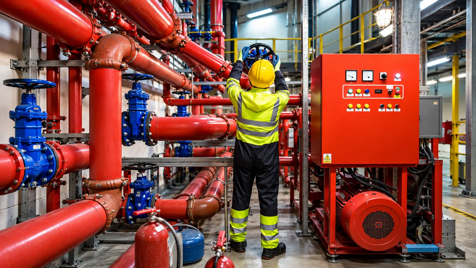 Fire pump room with red fire fighting pumps and pipework
