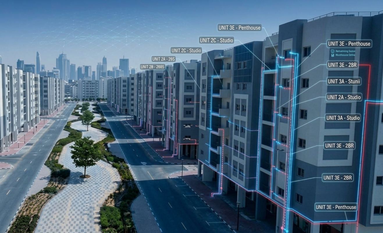 Residential community with central gas networks running through each building