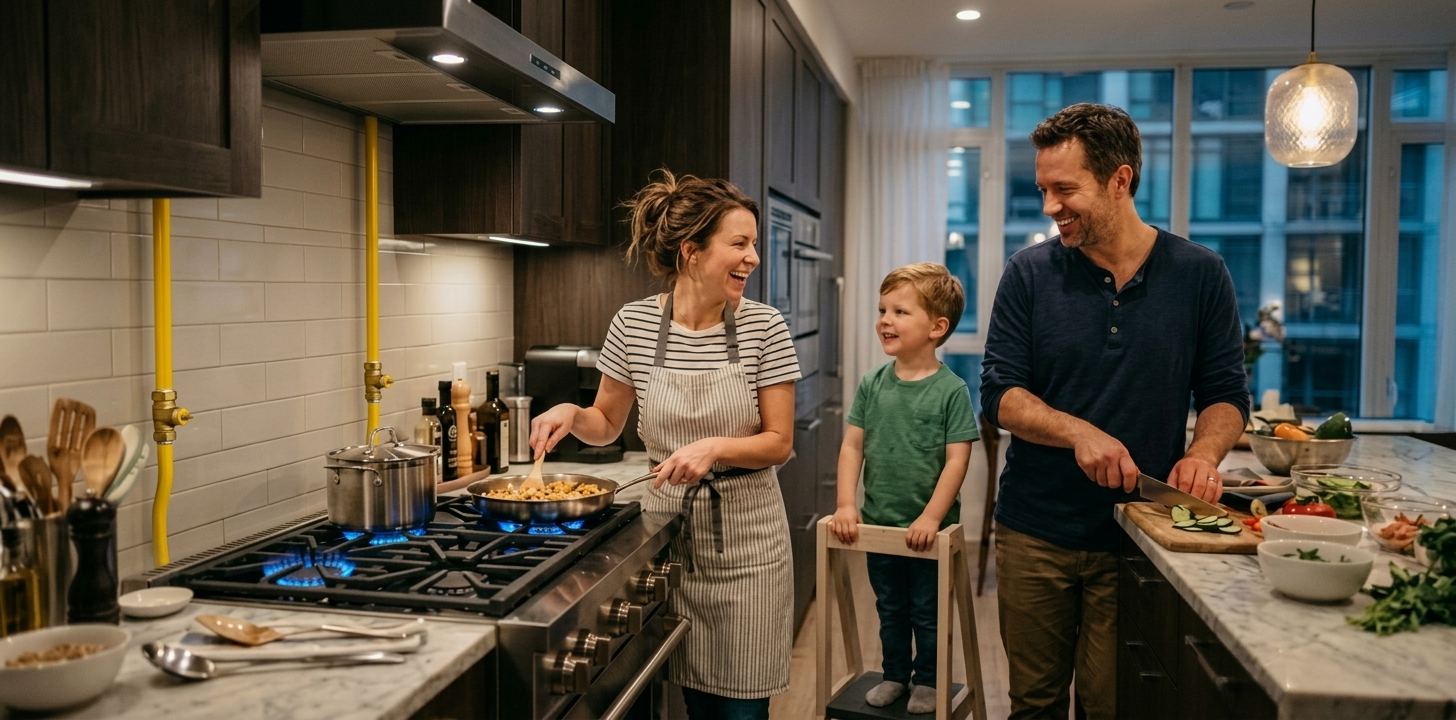 Family cooking together on a gas hob at home